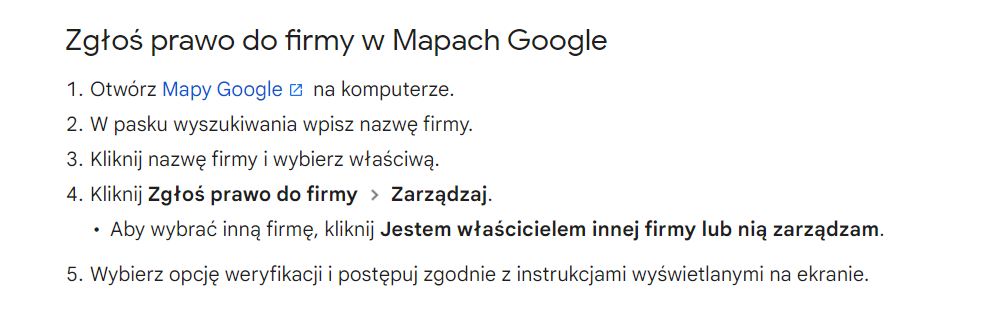 Zgłoszenie prawa do firmy w Mapach Google